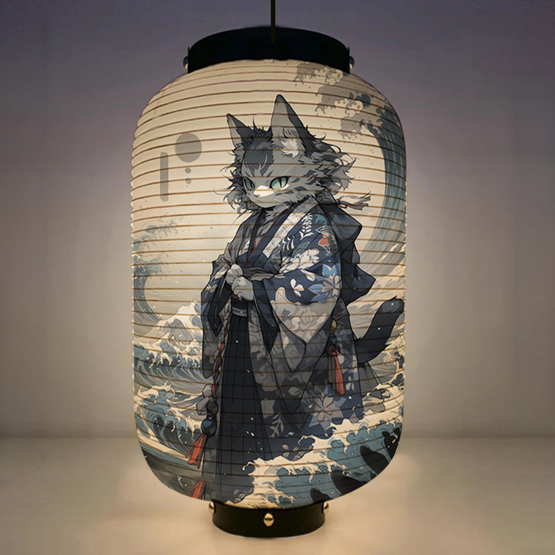 Japanese Lantern Paper - Japanese Kimono Samurai Cat Art Pattern